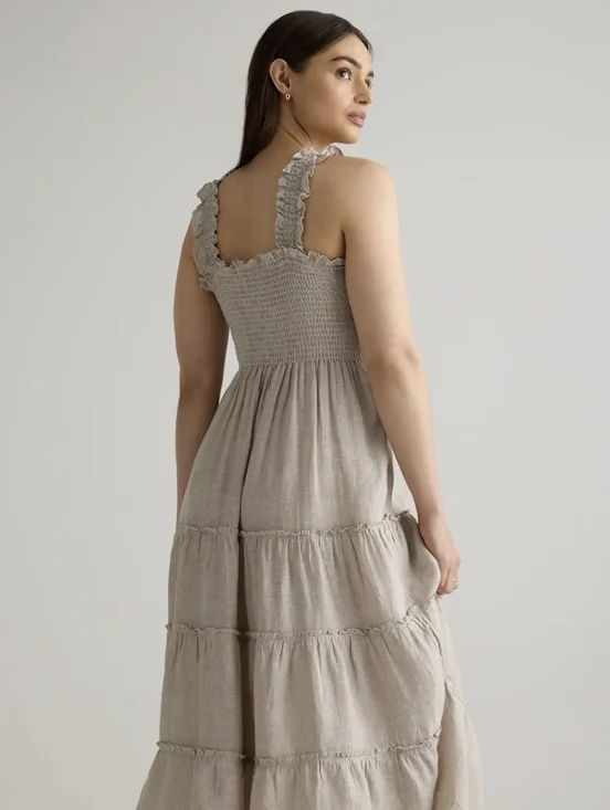 Mlle Gabrielle Beige Smocked Tiered Midi Dress - Picture 4 of 9